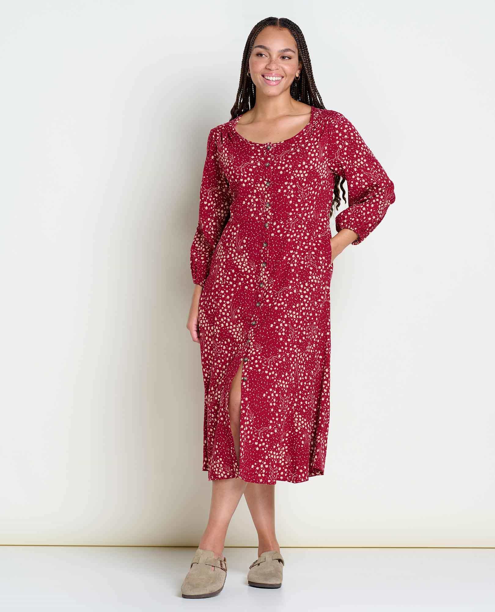 Toad&Co Manzana Paneled Midi Long-Sleeve Dress - Women's Berry Floral Print, M Toad&Co Manzana Paneled Midi Long-Sleeve Dress - Women's Berry Floral Print, M