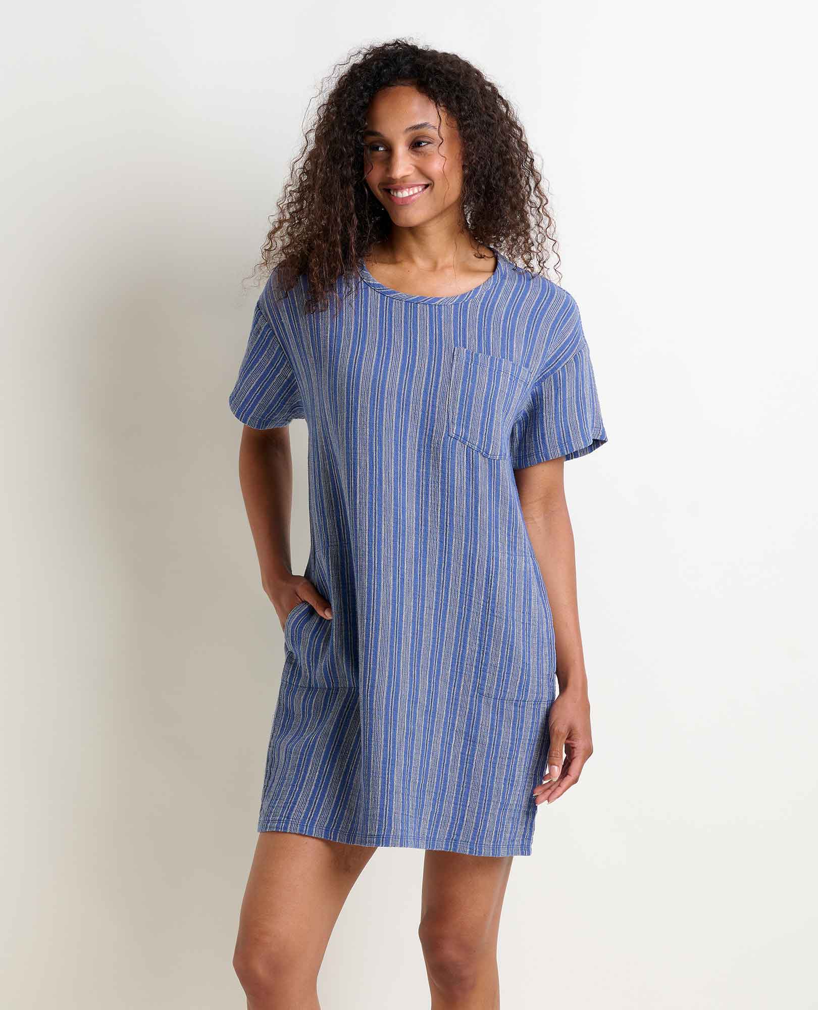 Toad & Co. Women's Tate Double Weave Short Sleeve Dress - Blue - Mini Dresses Toad & Co. Women's Tate Double Weave Short Sleeve Dress - Blue - Mini Dresses