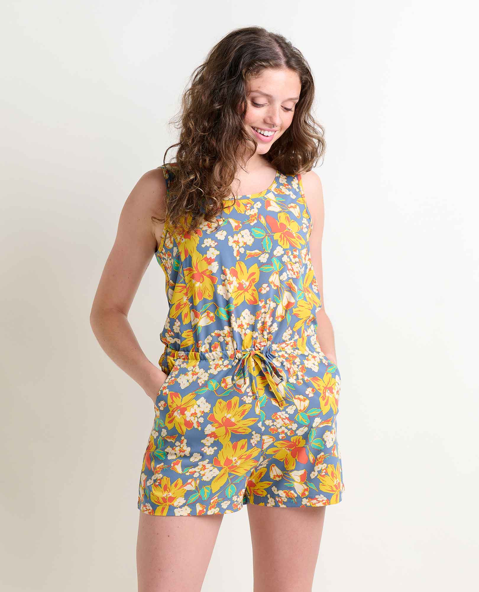 Toad & Co Women's Sunkissed Livvy Romper S Pacific Blue Tulip Print Toad & Co Women's Sunkissed Livvy Romper S Pacific Blue Tulip Print