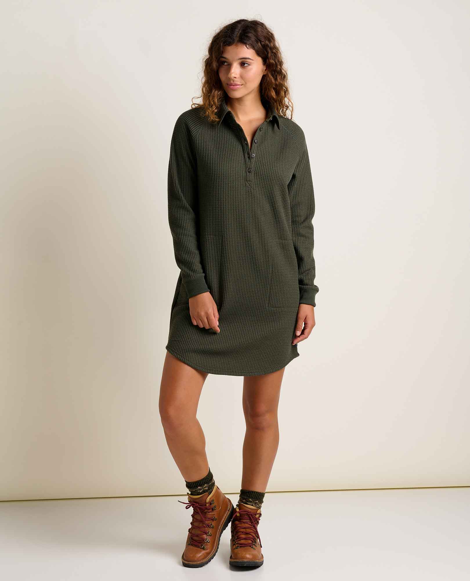 long sleeve henley dress Long Sleeve Rib Henley Dress Mink Brown XS