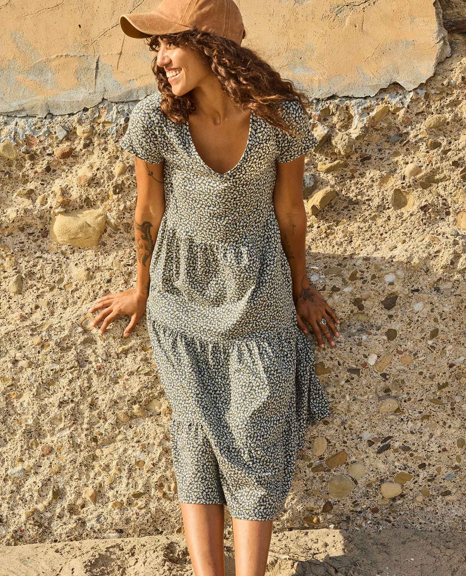 organic cotton tiered midi dress Black Cotton Waffle Square Neck Tiered Midi Dress 38" / Tall (5'7" and above)