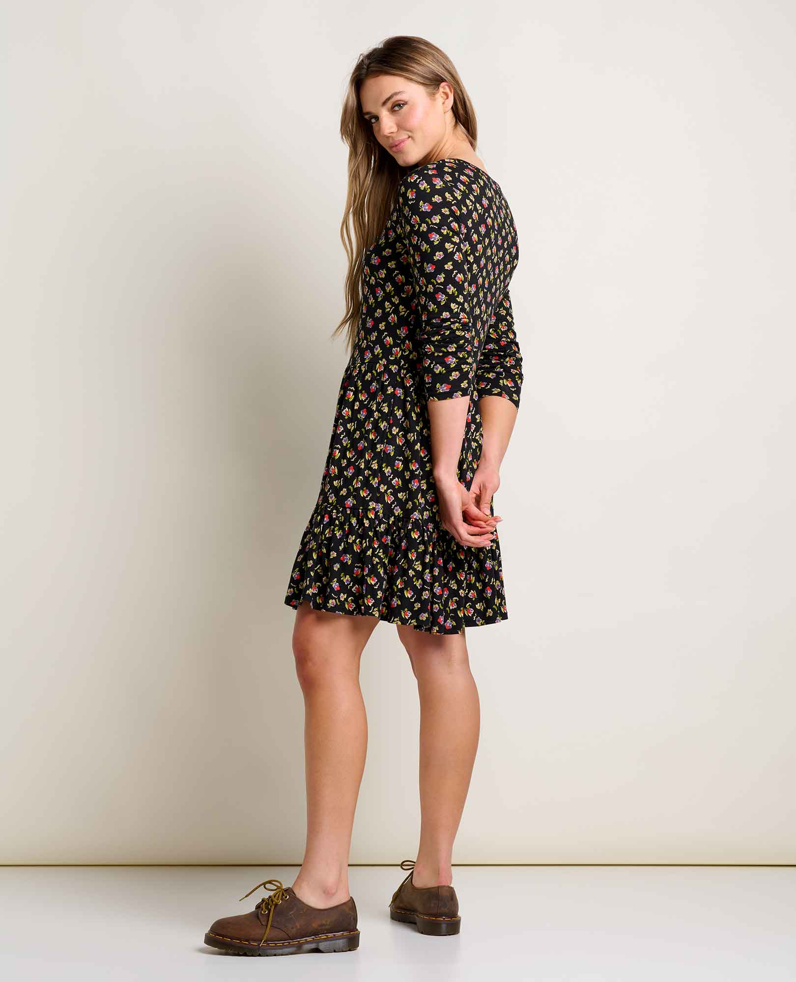 Marley Tiered Long Sleeve Dress Black Pansy Print / M