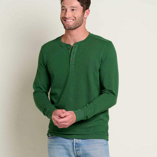Men's Organic Cotton Long Sleeve Henley Top in Campus Green Grit